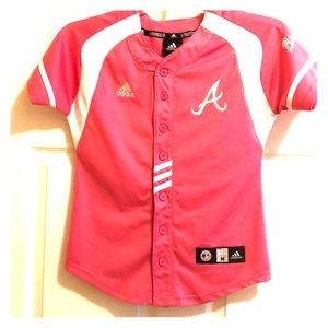 Pink adidas Braves button jersey.